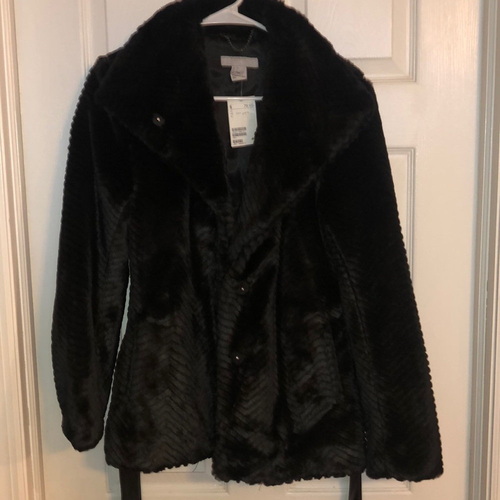 H&M Black Fur Jacket with leather tie strap